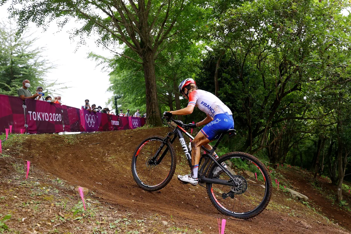 Pauline Ferrand Prevot riding the womens race at the 2020 Tokyo Olympic Games