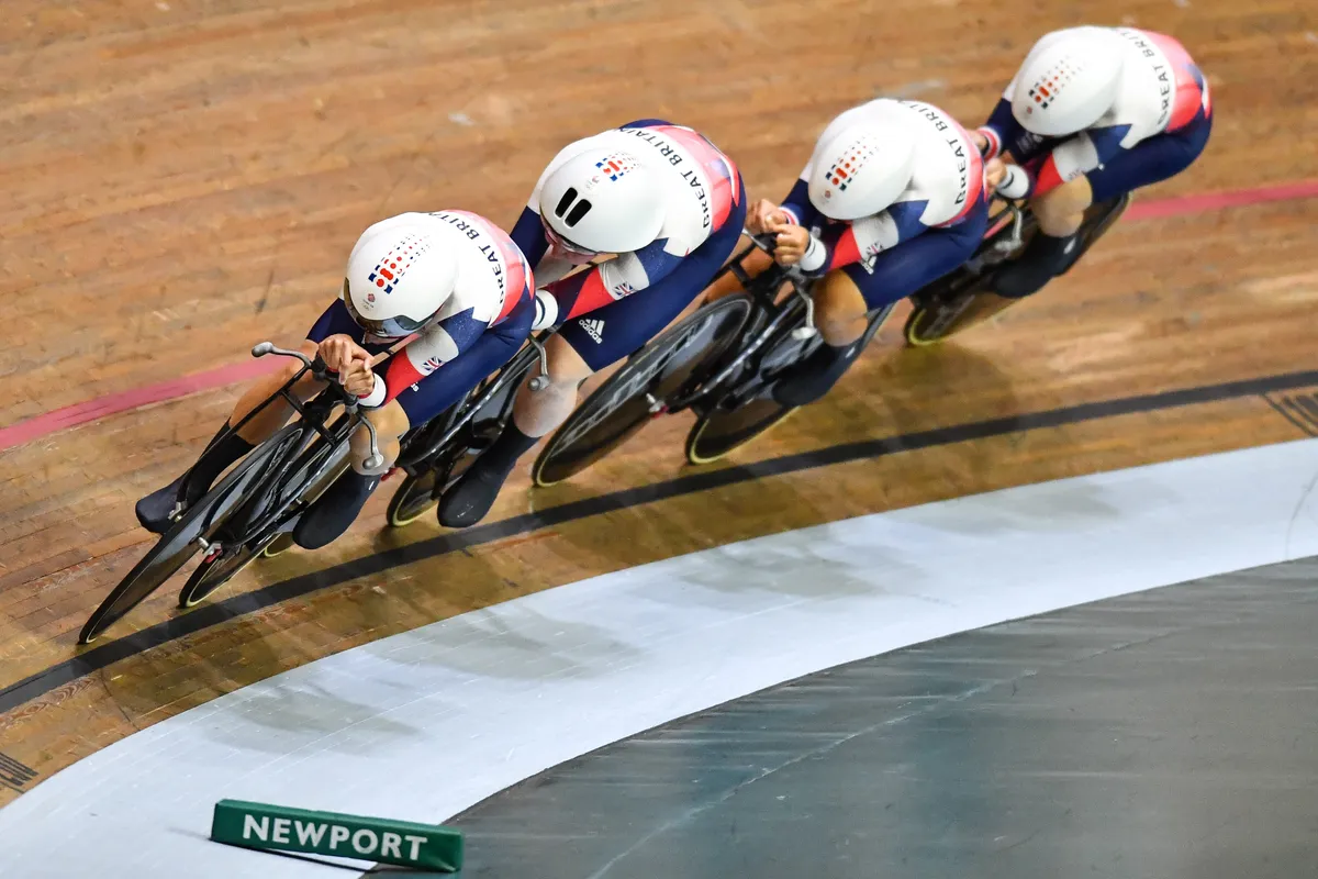Picture by Will Palmer/SWpix.com - 19/07/21 - Cycling - GBCT Great Britain Cycling Team - Olympic Track Practice session and holding camp ahead of the 2020 Tokyo Olympics - Newport, Wales - Laura Kenny, Katie Archibald, Elinor Barker and Neah Evans on track