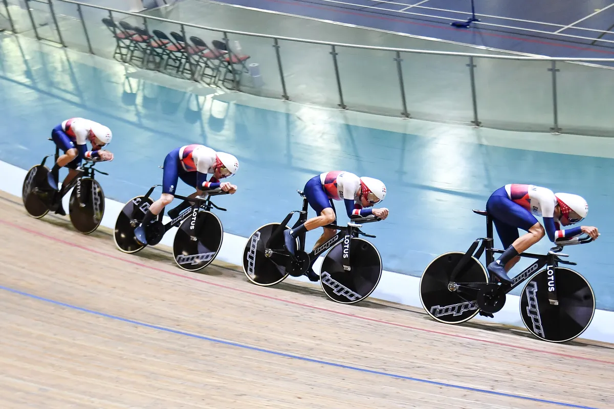 Picture by Will Palmer/SWpix.com - 20/07/21 - Cycling - GBCT Great Britain Cycling Team - Olympic Track Practice session and holding camp ahead of the 2020 Tokyo Olympics - Newport, Wales - Team pursuit riders Ed Clancy, Ollie Wood, Ethan Vernon, Ethan Hayter during a practice run