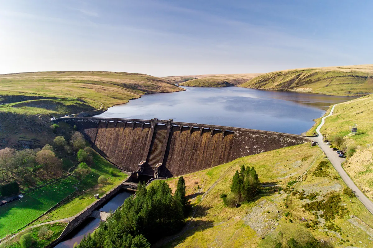 Aerial view of Claerwen Reservoir and dam, in the Elan Valley, mid Wales