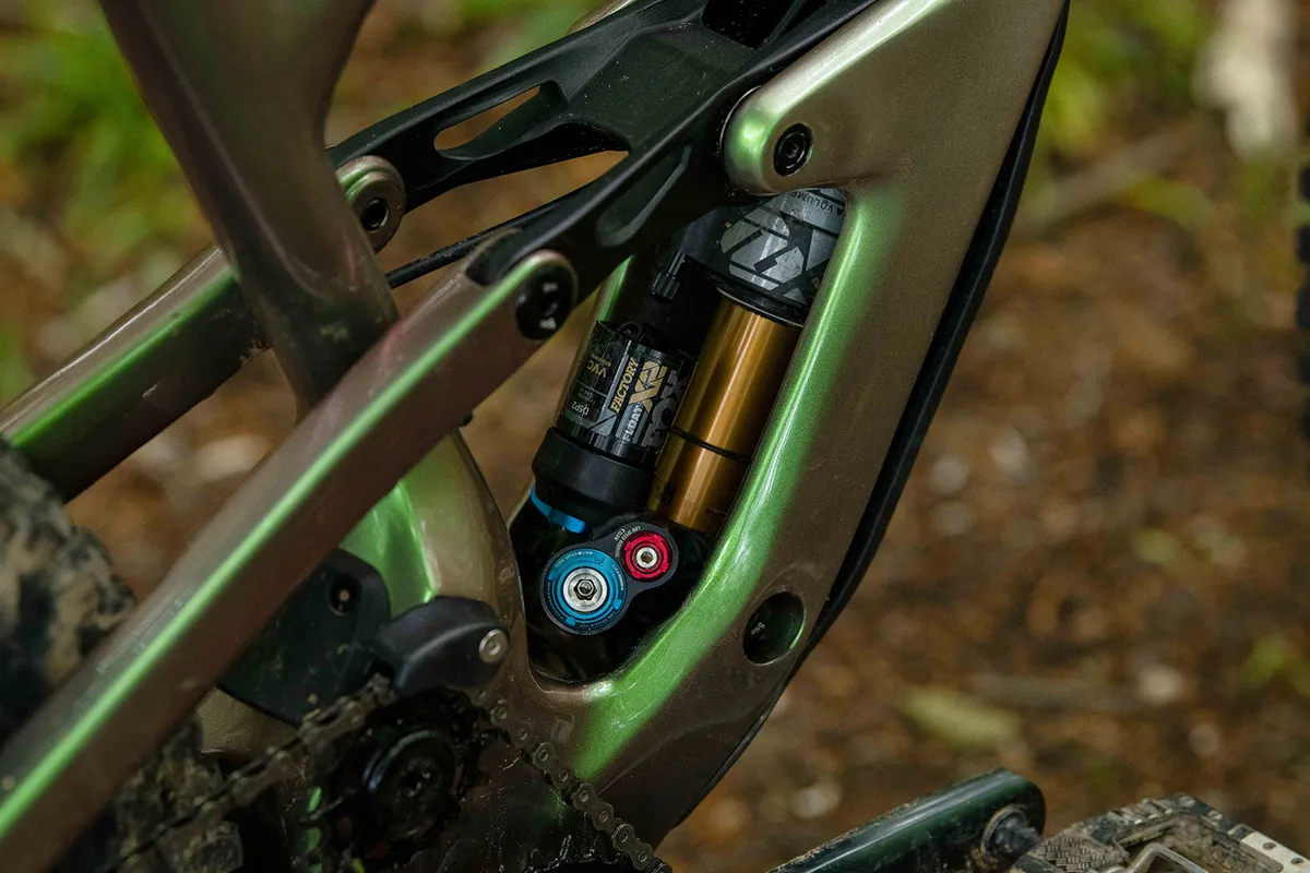 Fox Float Factory X2 shock in a 'GravityCavity' on the Cannondale Jekyll 1 enduro full suspension mountain bike