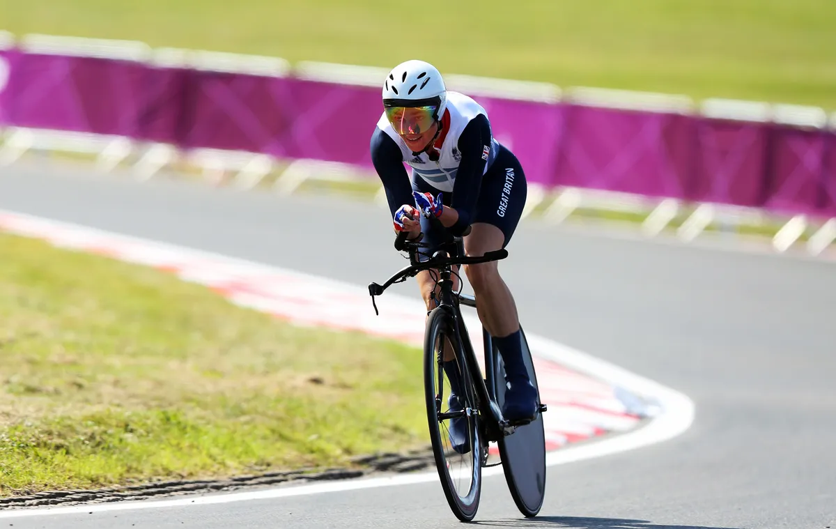 Dame Sarah Storey competing in the women's C5 Time Trial at the 2012 London Paralympics