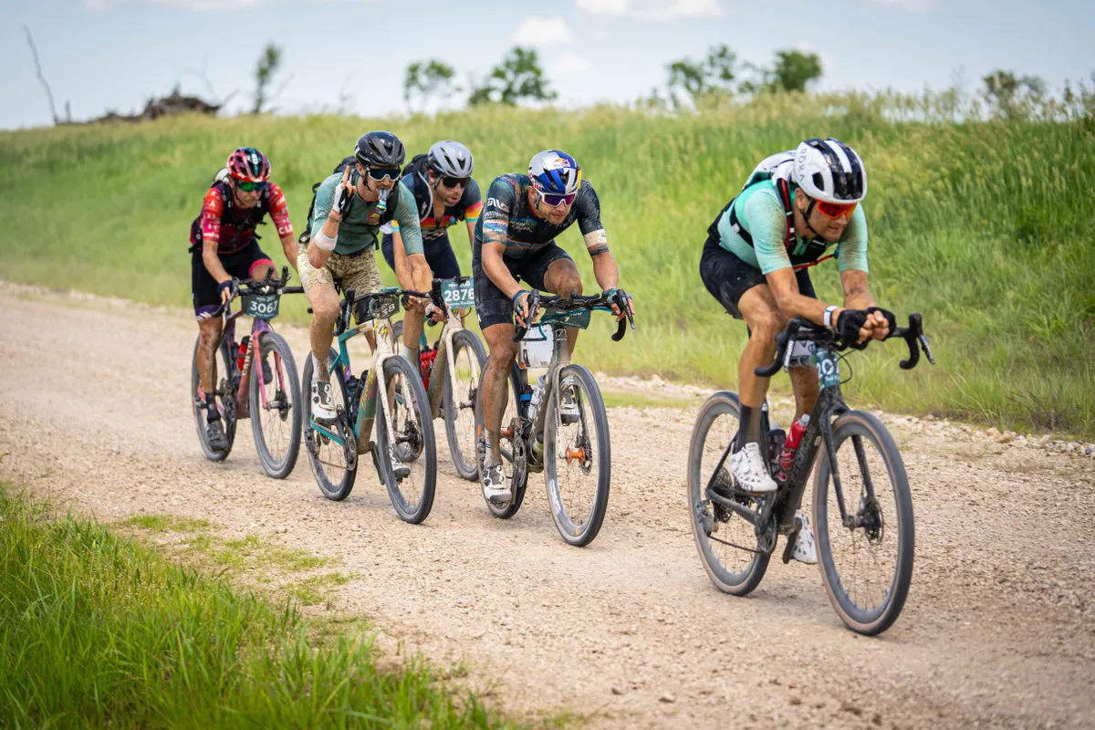 Lead group of cyclists at the 2021 Unbound gravel race