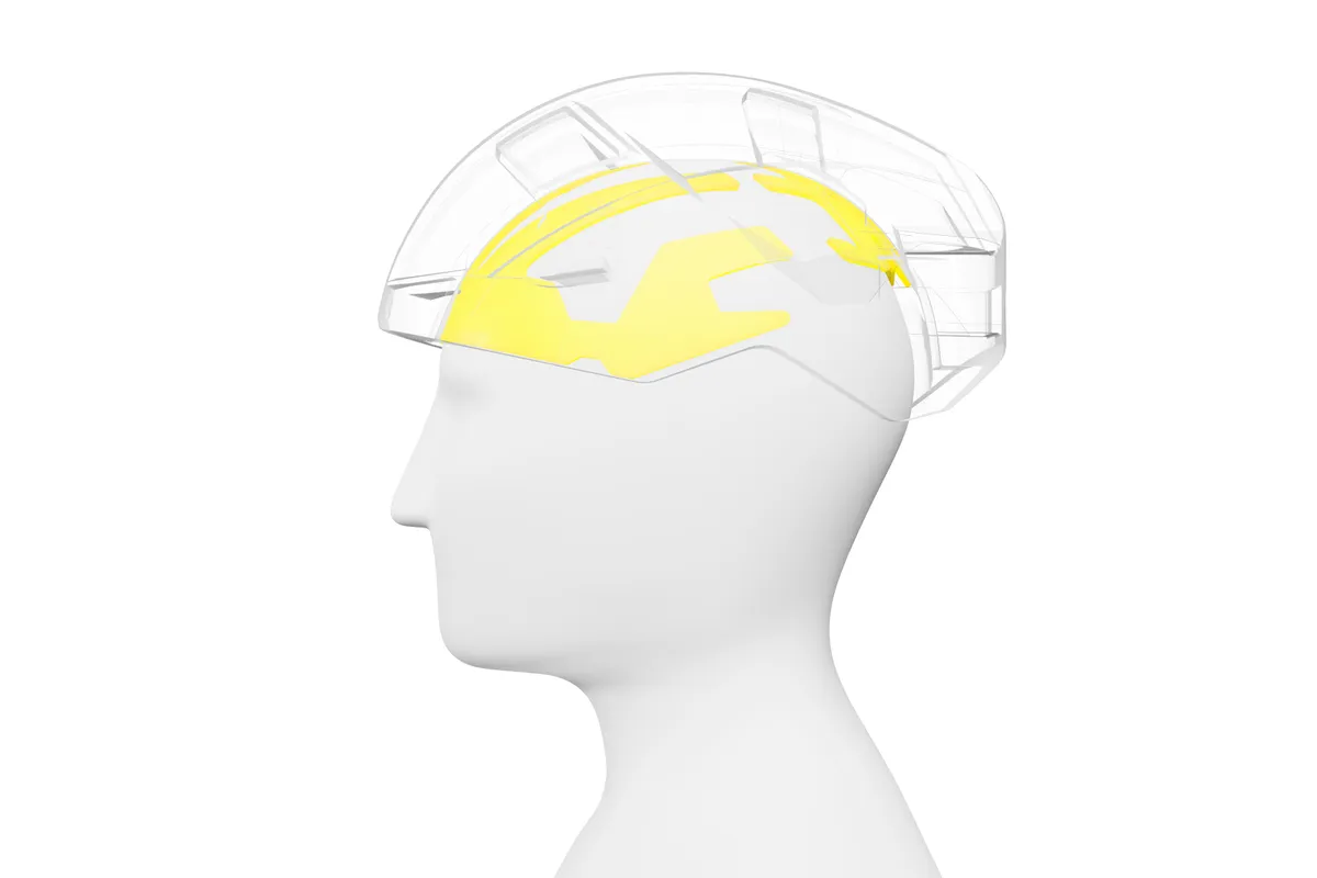 Diagram showing the yellow slide plane inside a MIPS helmet on head of dummy