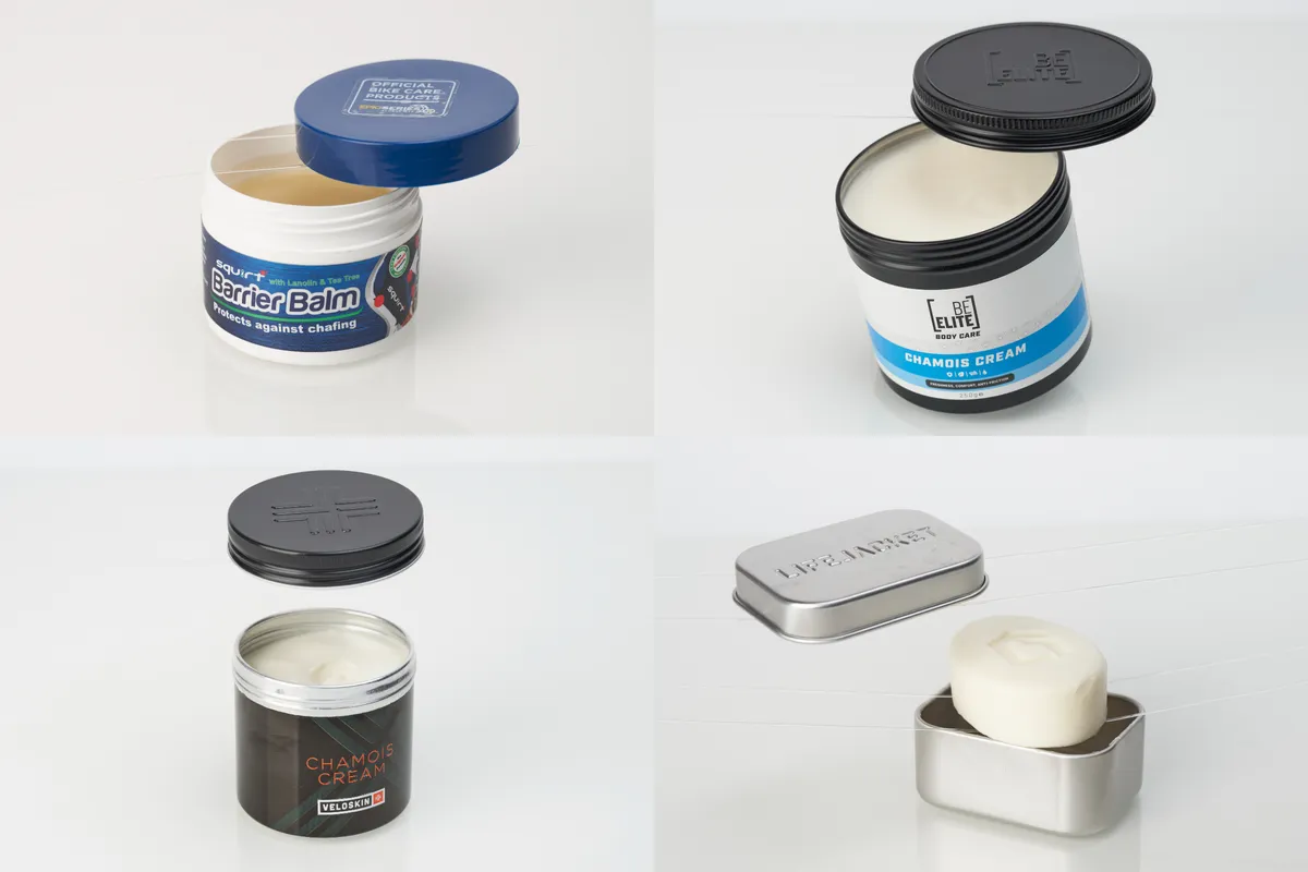Best chamois creams collage showing four creams on white backgrounds.