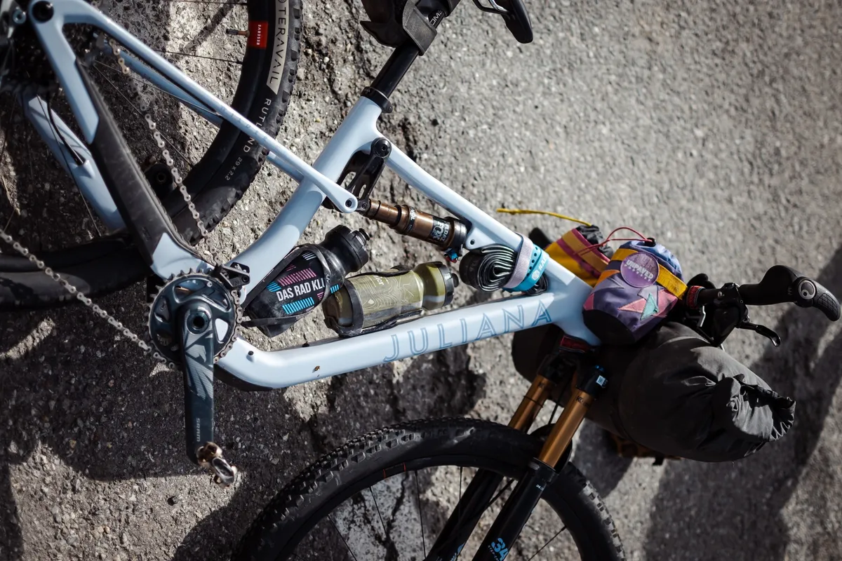 Juliana Wilder XC downcountry bike loaded with bikepacking gear