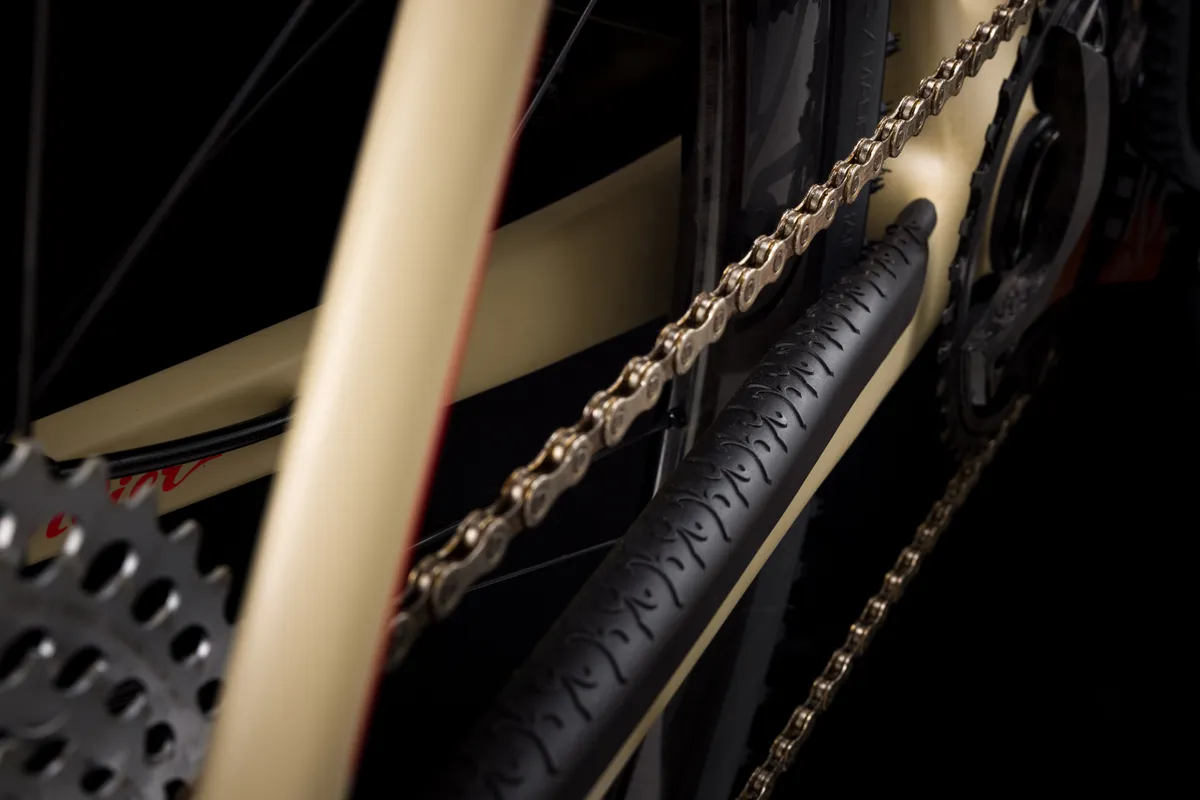 Close up photo of the chain stay protector on the Wilier Rave SLR with the Wilier logo as a pattern