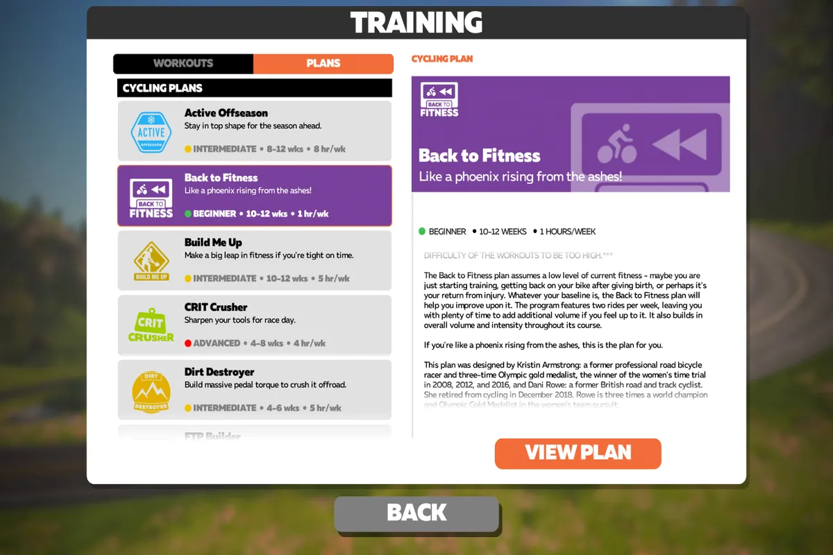 Zwift training plan Back to Fitness