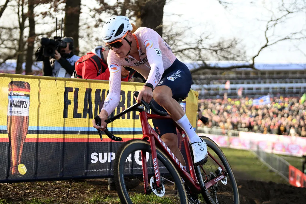 HOOGERHEIDE, NETHERLANDS - FEBRUARY 05: Mathieu Van Der Poel of The Netherlands competes during the 74th World Championships Cyclo-Cross 2023 - Men's Elite / #CXWorldCup / #Hoogerheide2023 / on February 05, 2023 in Hoogerheide, Netherlands. (Photo by David Stockman/Getty Images)
