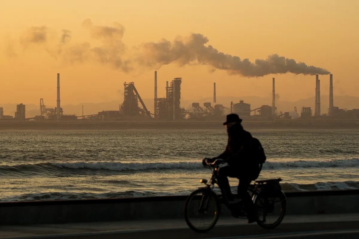 Cyclist silhouetted in foreground with factories in background