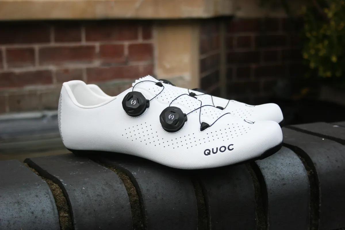 Quoc Mono II white cycling shoes photographed side on