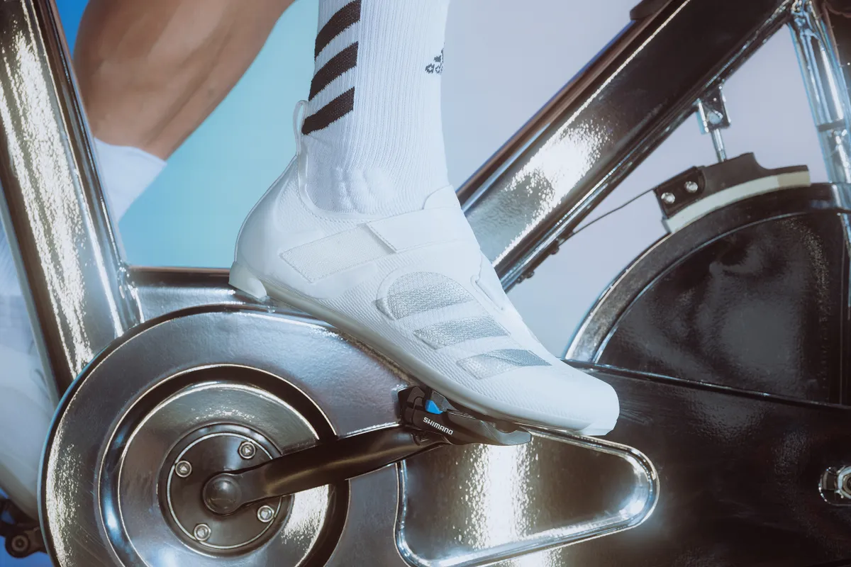 White Adidas cycling shoe used on turbo trainer