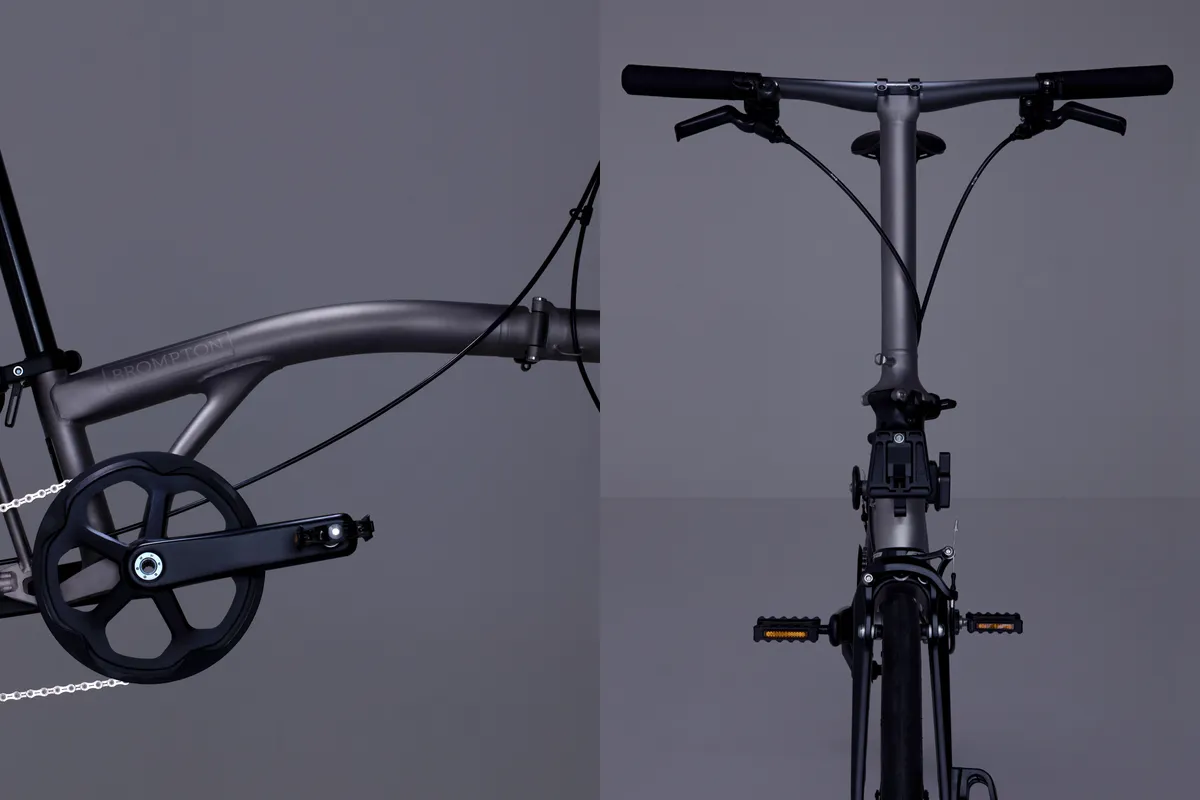 Collage showing picture on left of carbon cranks and carbon handlebars on right