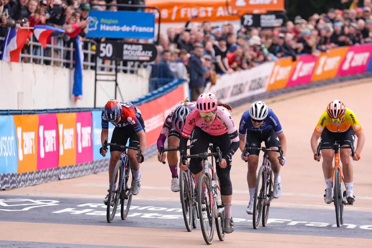 EF Education-TIBCO-SVB team's Canadian rider Alison Jackson (C) sprints to the finish line ahead of Liv Racing TeqFind team's Italian rider Katia Ragusa (2nd L), Fenix-Deceuninck team's Belgian rider Marthe Truyen (2nd R), FDJ-Suez team's French rider Eugenie Duval (L), and St Michel-Mavic-Auber93 WE team's French rider Marion Borras (R) during the third edition of the Paris-Roubaix one-day classic cycling race, between Denain and Roubaix, on April 8, 2023. (Photo by Thomas SAMSON / AFP) (Photo by THOMAS SAMSON/AFP via Getty Images)