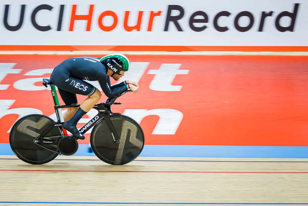Ineos Grenadiers's Italian rider Filippo Ganna rides to break the hour record with a distance of 56.792km in the Velodrome Suisse, an indoor velodrome in Grenchen, northern Switzerland on October 8, 2022.