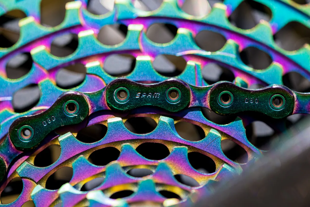 SRAM XX1 Eagle chain and cassette in rainbow