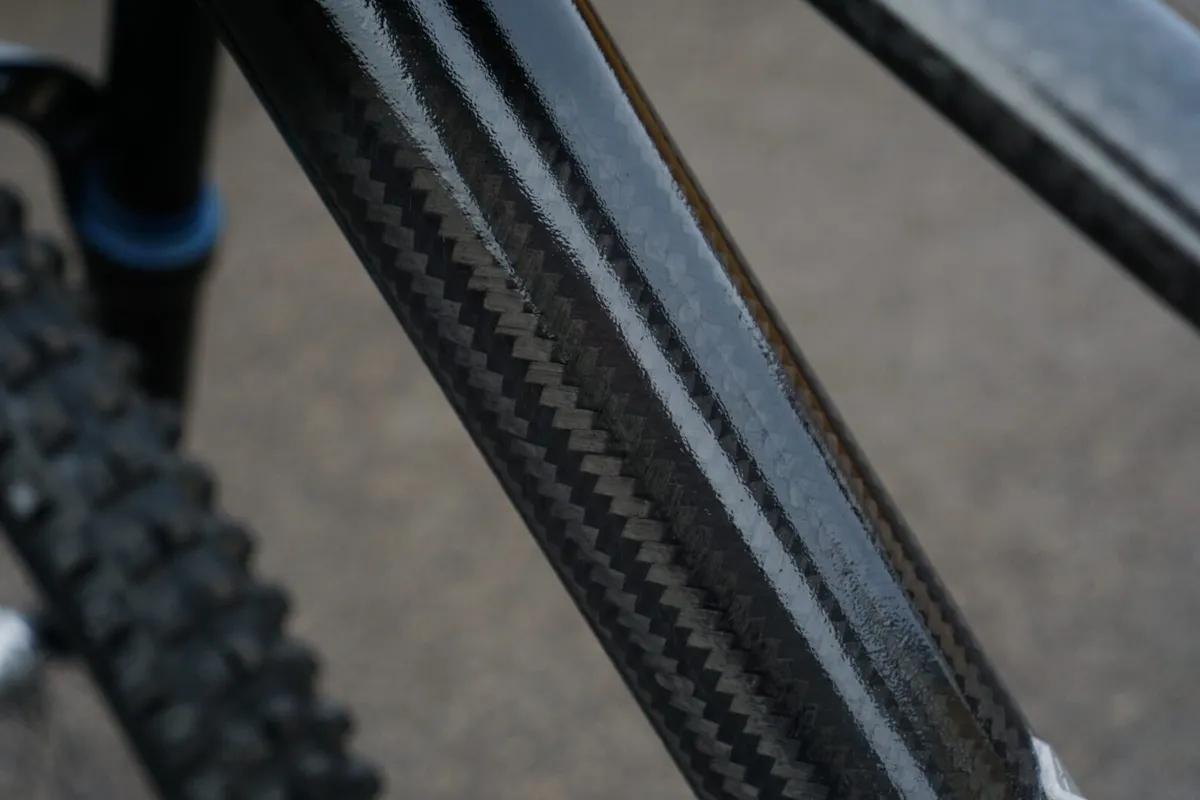 Starling Cycles thermoplastic carbon fibre frame down tube close-up