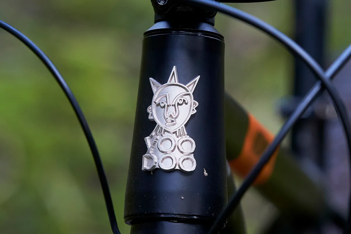 The headtube of the Voodoo Bizango hardtail trail mountain bike has the iconic Voodoo badge on it