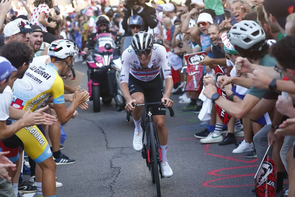 Team UAE Emirates' Slovenian rider Tadej Pogacar cycles at the front of the race in the final kilometers, in Colle Aperto, during the 117th edition of the Giro di Lombardia (Tour of Lombardy), a 238km cycling race from Como to Bergamo on October 7, 2023. (Photo by Luca BETTINI / POOL / AFP) (Photo by LUCA BETTINI/POOL/AFP via Getty Images)