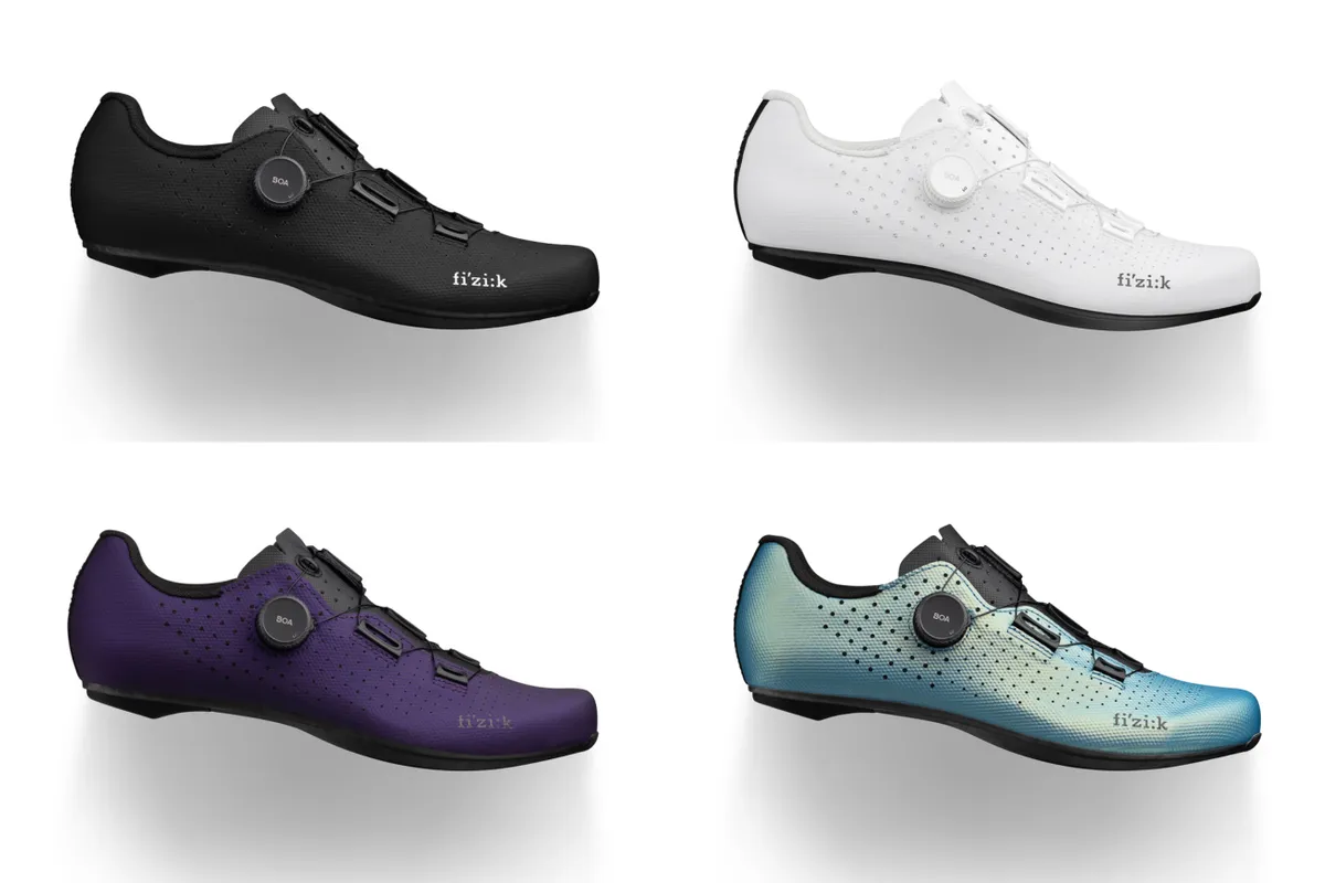 Collage of four Fizik Tempo Decos shoes in black, white, purple and iridescent blue