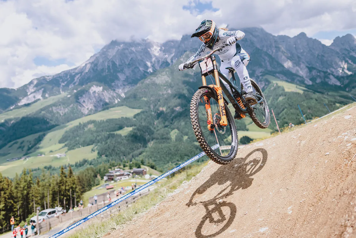 Camile Balanche competes in Women's Downhill Competition of the UCI Mountain Bike World Cup in Leogang, Austria