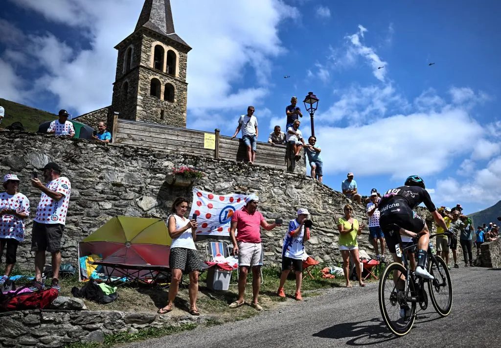 Team DSM team's Norwegian rider Andreas Leknessund cycles in an ascent during the 17th stage of the 109th edition of the Tour de France cycling race, 129,7 km between Saint-Gaudens and Peyragudes, in southwestern France, on July 20, 2022. (Photo by Anne-Christine POUJOULAT / AFP) (Photo by ANNE-CHRISTINE POUJOULAT/AFP via Getty Images)