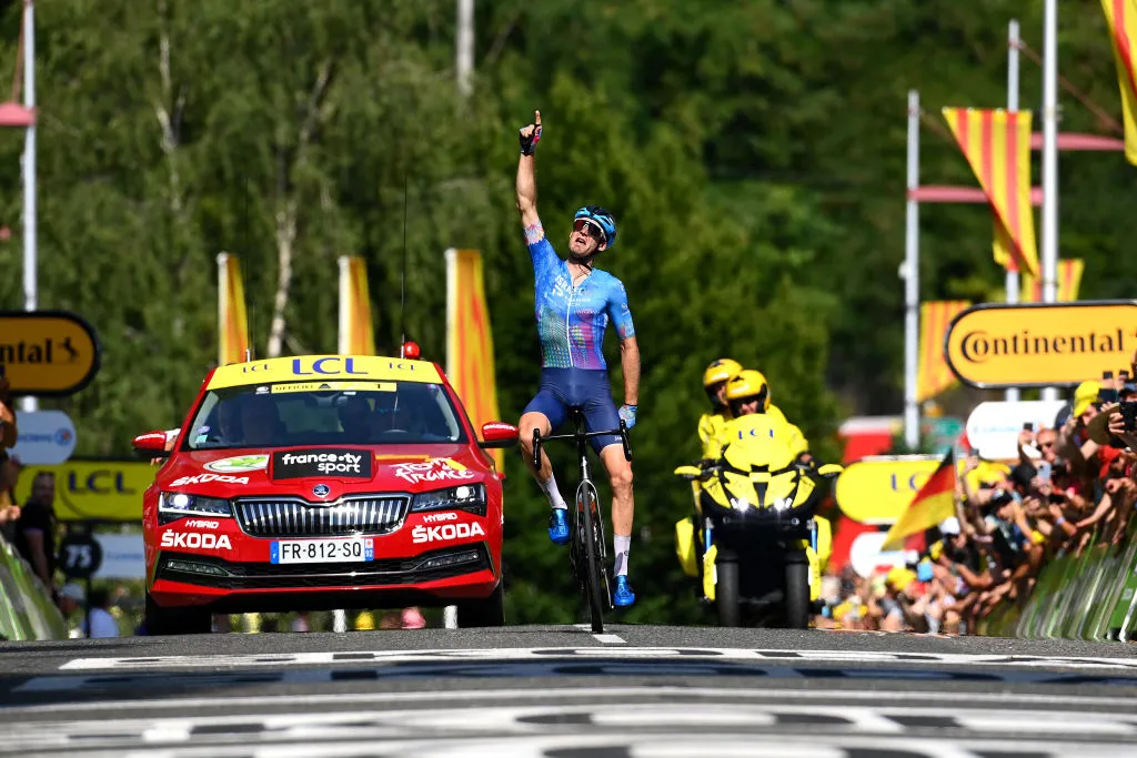 FOIX, FRANCE - JULY 19: Hugo Houle of Canada and Team Israel - Premier Tech celebrates at finish line as stage winner during the 109th Tour de France 2022, Stage 16 a 178,5km stage from Carcassonne to Foix / #TDF2022 / #WorldTour / on July 19, 2022 in Foix, France. (Photo by Tim de Waele/Getty Images)