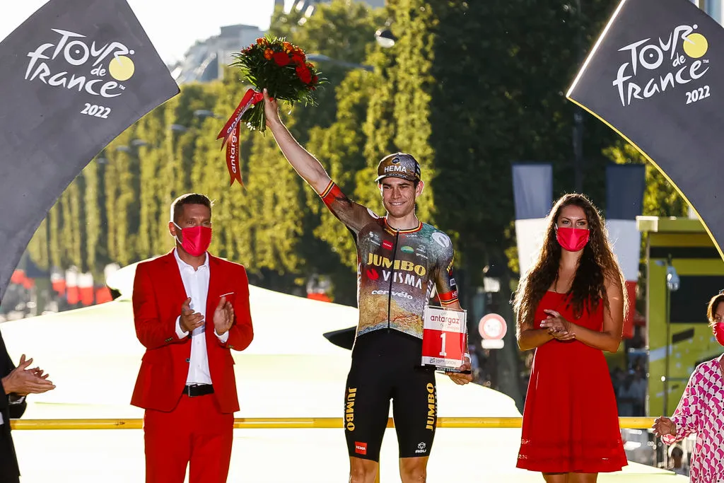 PARIS, FRANCE - JULY 24: Winner of the best combative rider of the Tour 2022 Wout van Aert of Belgium and Jumbo - Visma during the final podium ceremony following stage 21 of the 109th Tour de France 2022 a 115,6 km stage from Paris La Defense to Paris Champs Elysees / #TDF2022 / #WorldTour / on July 24, 2022 in Paris, France. (Photo by Antonio Borga/Eurasia Sport Images/Getty Images