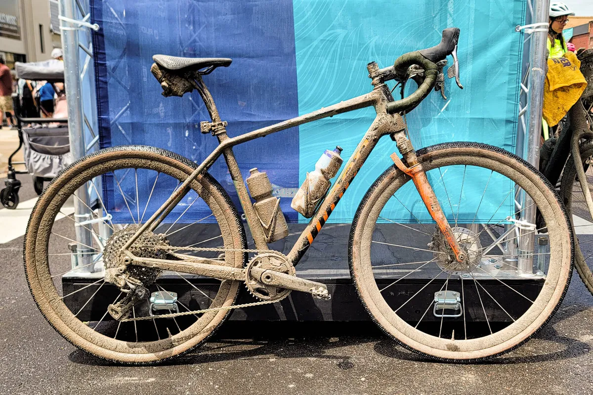 Niner RLT 9 RDO bike caked in mud following the Unbound 100 gravel race