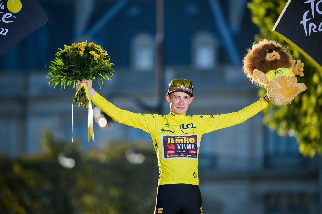 Danish Jonas Vingegaard of Jumbo-Visma celebrates on the podium in the yellow jersey of leader in the overall ranking after stage 21, the final stage of the Tour de France cycling race, from Paris la Defense Arena to Paris Champs-Elysees, France, on Sunday 24 July 2022