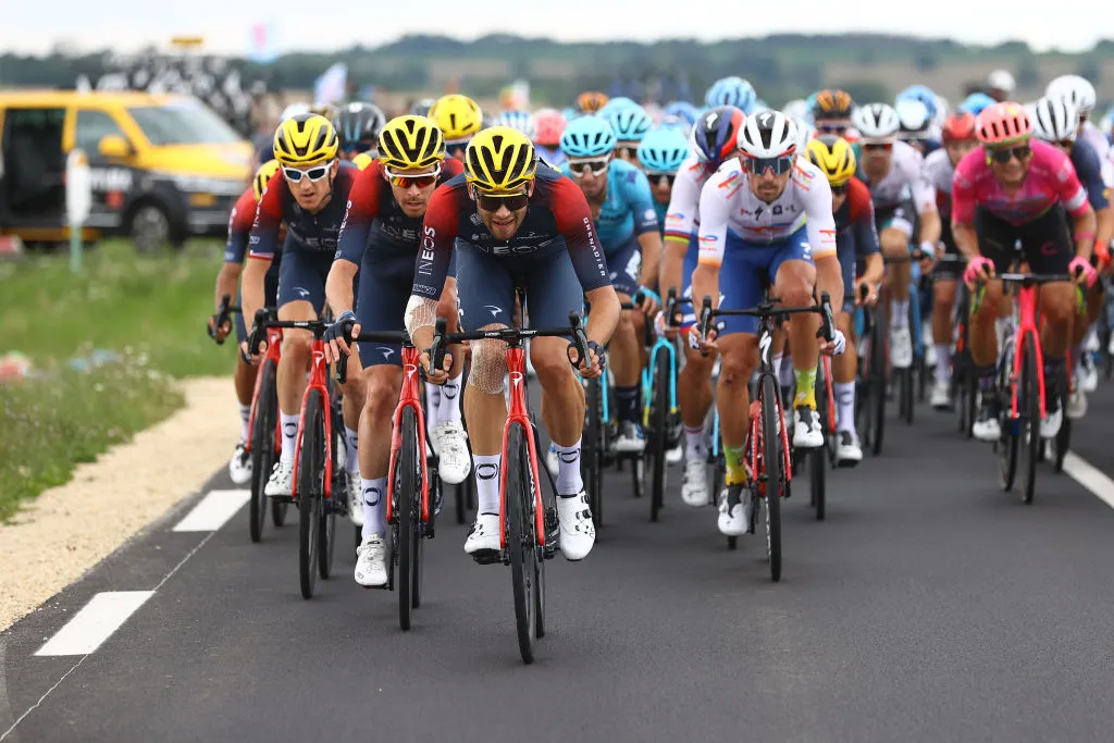 LONGWY, FRANCE - JULY 07: Filippo Ganna of Italy and Team INEOS Grenadiers leads the peloton during the 109th Tour de France 2022, Stage 6 a 219,9km stage from Binche to Longwy 377m / #TDF2022 / #WorldTour / on July 07, 2022 in Longwy, France. (Photo by Michael Steele/Getty Images)