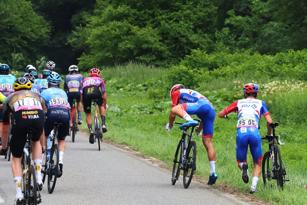 LONGWY, FRANCE - JULY 07: (L-R) Valentin Madouas of France and Olivier Le Gac of France and Team Groupama - FDJ suffer a mechanical problem during the 109th Tour de France 2022, Stage 6 a 219,9km stage from Binche to Longwy 377m / #TDF2022 / #WorldTour / on July 07, 2022 in Longwy, France. (Photo by Garnier Etienne - Pool/Getty Images)