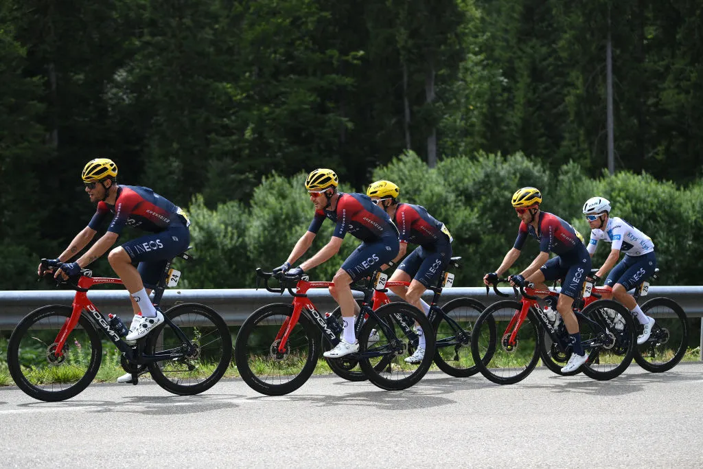 LAUSANNE, SWITZERLAND - JULY 09: (L-R) Filippo Ganna of Italy, Luke Rowe of United Kingdom, Adam Yates of United Kingdom and Thomas Pidcock of United Kingdom and Team INEOS Grenadiers - White Best Young Rider Jersey cduring the 109th Tour de France 2022, Stage 8 a 186,3km stage from Dole to Lausanne - Côte du Stade olympique 602m / #TDF2022 / #WorldTour / on July 09, 2022 in Lausanne, Switzerland. (Photo by Alex Broadway/Getty Images)
