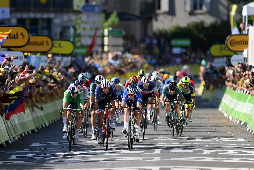 CARCASSONNE, FRANCE - JULY 17: (L-R) Wout Van Aert of Belgium and Team Jumbo - Visma Green Points Jersey, Mads Pedersen of Denmark and Team Trek - Segafredo and Jasper Philipsen of Belgium and Team Alpecin-Fenix sprint to win during the 109th Tour de France 2022, Stage 15 a km stage from Rodez to Carcassonne / #TDF2022 / #WorldTour / on July 17, 2022 in Carcassonne, France. (Photo by Alex Broadway/Getty Images)