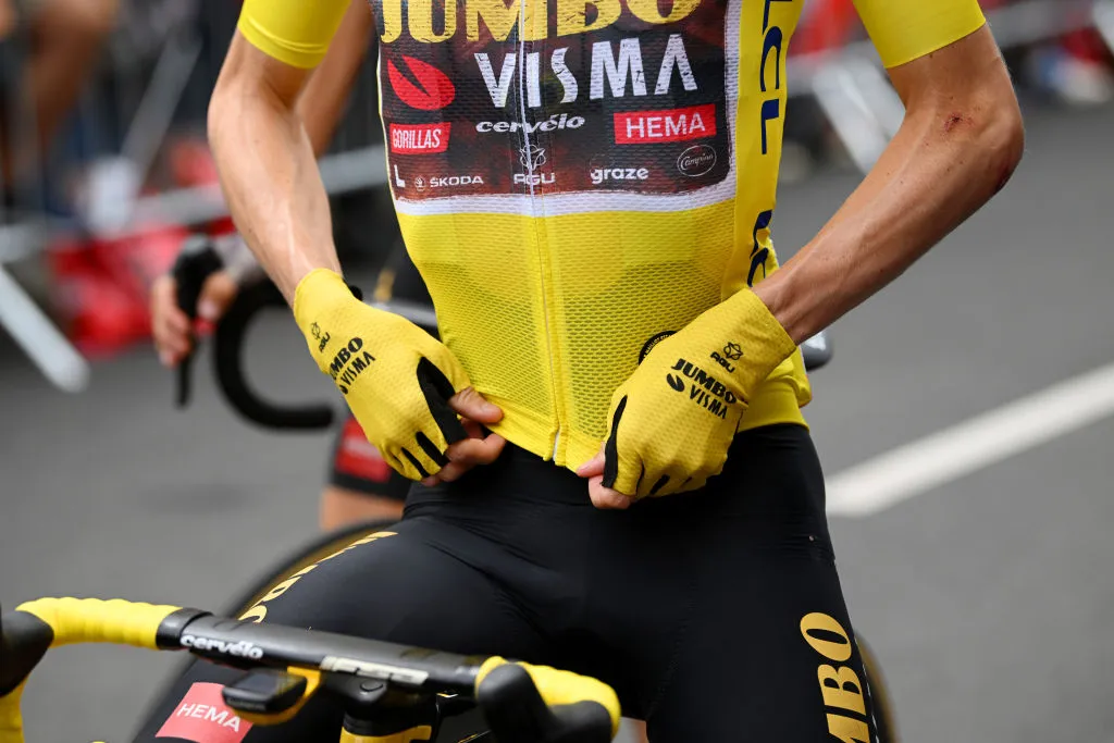 CAHORS, FRANCE - JULY 22: Detailed view of Jonas Vingegaard Rasmussen of Denmark and Team Jumbo - Visma Yellow Leader Jersey during the 109th Tour de France 2022, Stage 19 a 188,3km stage from Castelnau-Magnoac to Cahors / #TDF2022 / #WorldTour / on July 22, 2022 in Cahors, France. (Photo by Dario Belingheri/Getty Images)