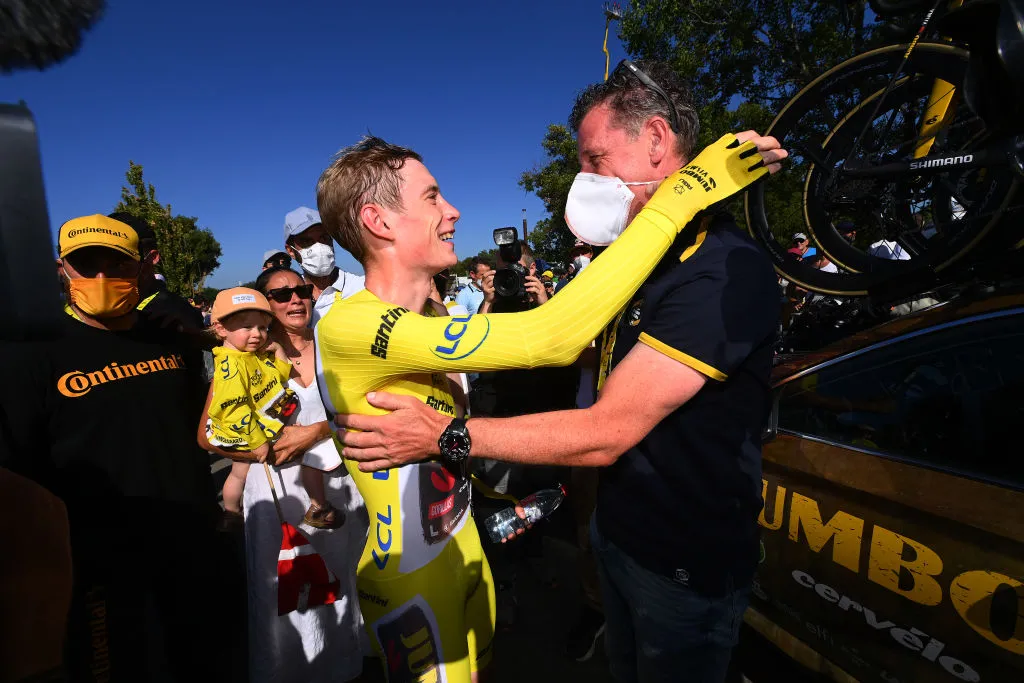 ROCAMADOUR, FRANCE - JULY 23: Jonas Vingegaard Rasmussen of Denmark and Team Jumbo - Visma - Yellow Leader Jersey celebrates with his Sports director Frans Maassen of Netherlands as overall race winner after the 109th Tour de France 2022, Stage 20 a 40,7km individual time trial from Lacapelle-Marival to Rocamadour / #TDF2022 / #WorldTour / on July 23, 2022 in Rocamadour, France. (Photo by Tim de Waele/Getty Images)