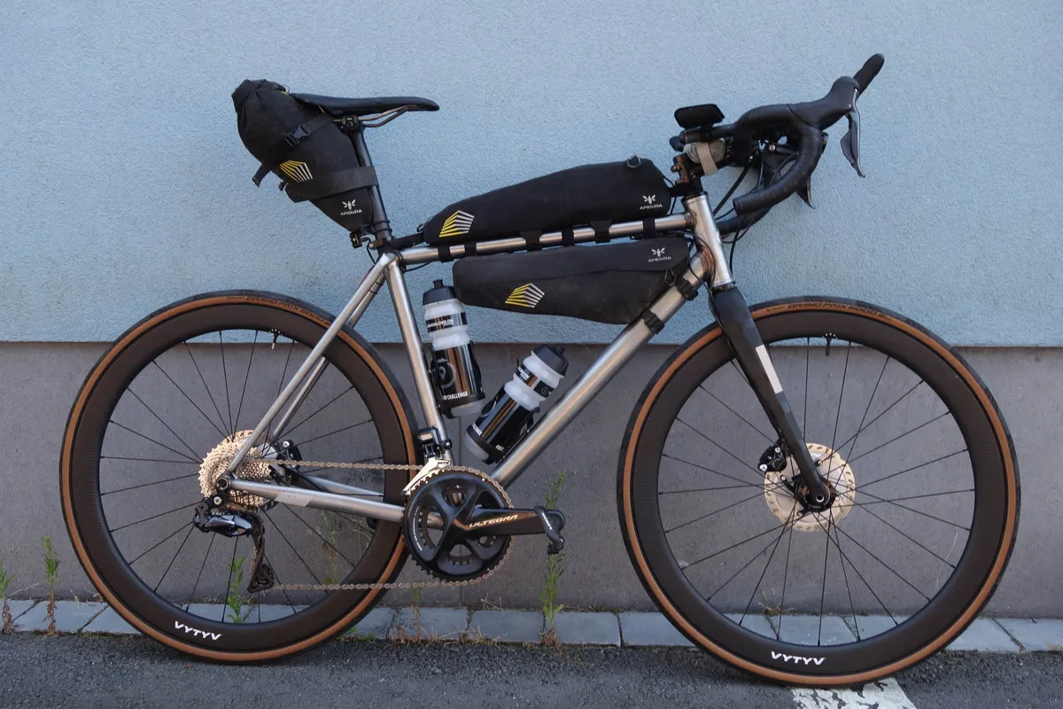 Titanium bikepacking bike before the 2022 Transcontinental Race