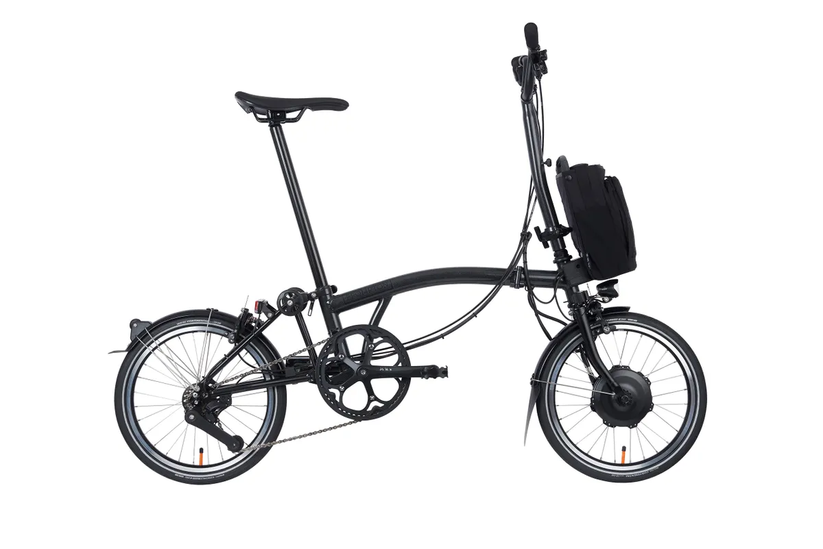 Brompton P Line Electric in Midnight Black with Roller Rack.