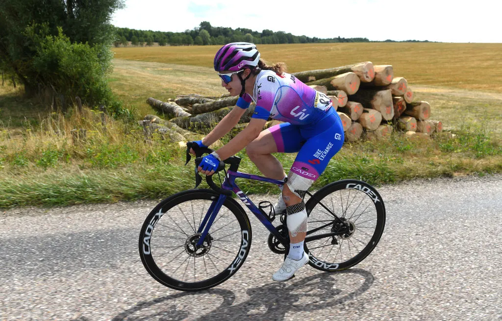 SAINT-DIÉ-DES-VOSGES, FRANCE - JULY 28: Kristen Faulkner of United States and Team Bikeexchange - Jayco dropped from the peloton after being involved in a crash during the 1st Tour de France Femmes 2022, Stage 5 a 175,6km stage from Bar-le-Duc to Saint-Dié-des-Vosges / #TDFF / #UCIWWT / on July 28, 2022 in Saint-Dié-des-Vosges, France. (Photo by Dario Belingheri/Getty Images)