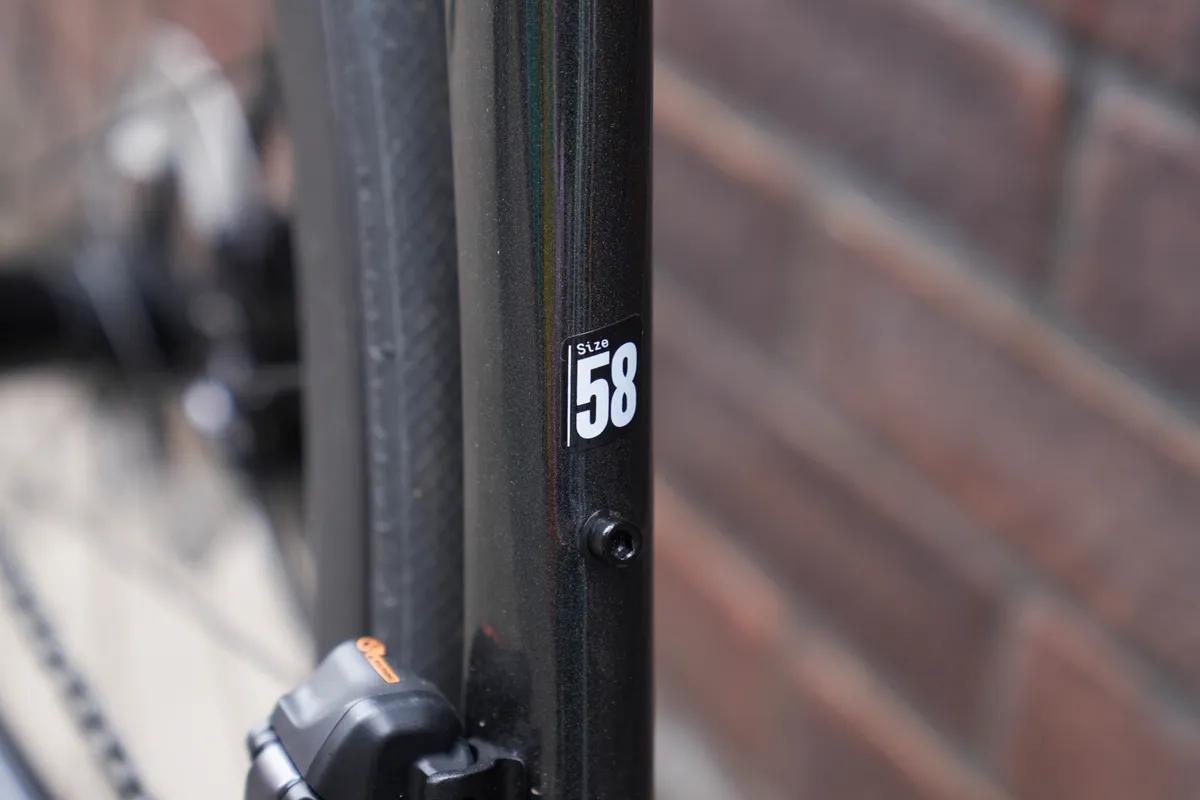 58cm frame size on seat tube of Cervelo road bike