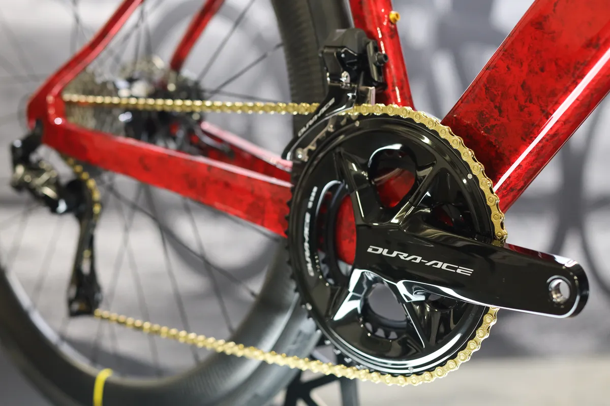 Shimano Dura-Ace Di2 drivetrain with gold chain on prototype Ribble Allroad SLe electric bike with custom paint on display at Rouleur Live