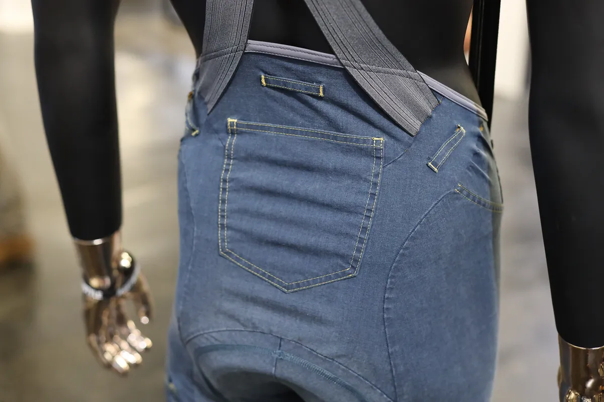 Pocket on rear of denim bib shorts