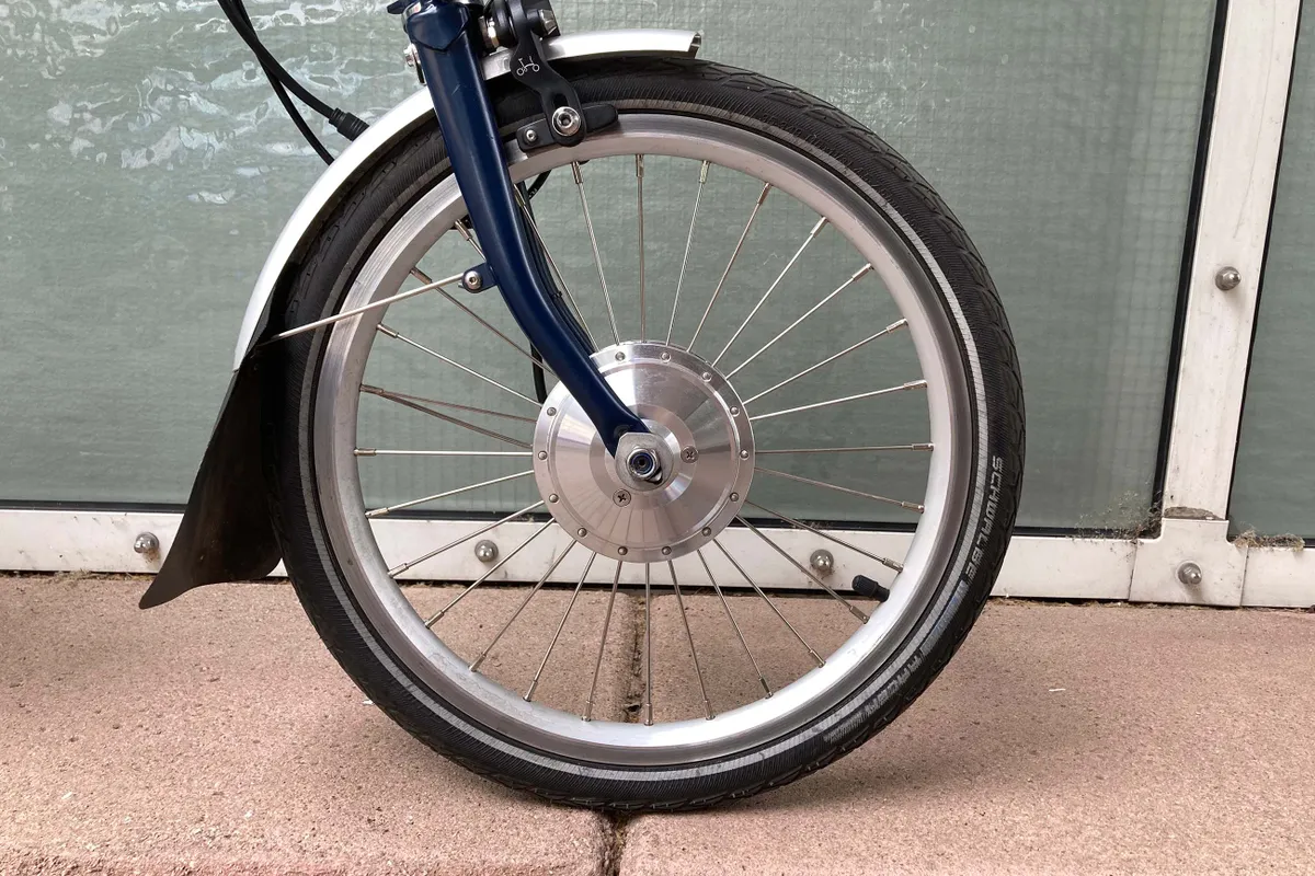 Brompton front wheel with Swytch ebike motor.