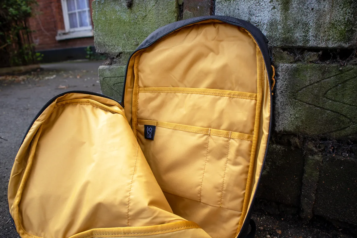 Chrome Ruckas backpack main pocket unzipped to show pockets.
