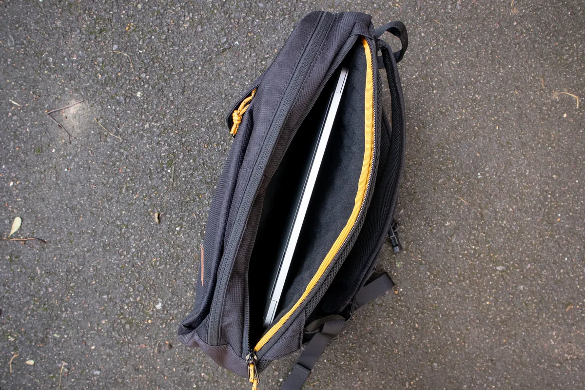 Chrome Ruckas backpack laptop sleeve unzipped.