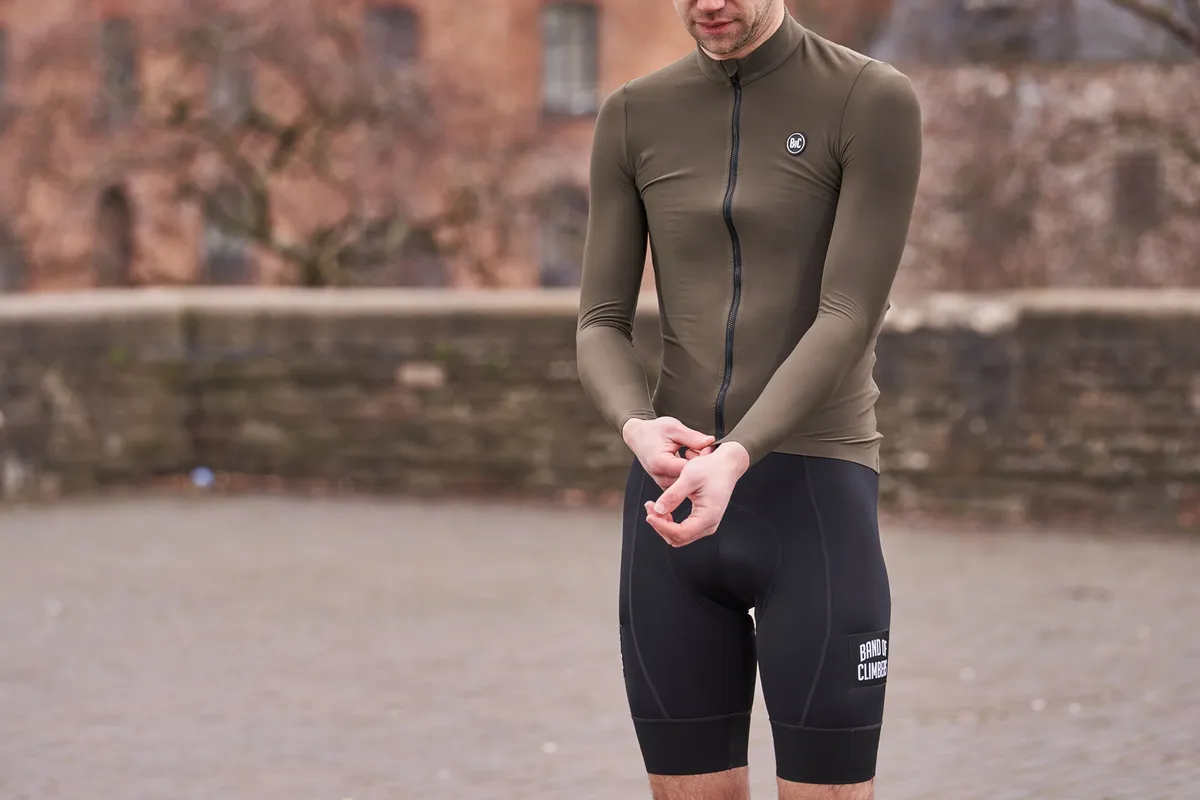 Band of Climbers Empire long-sleeve jersey in olive on model.