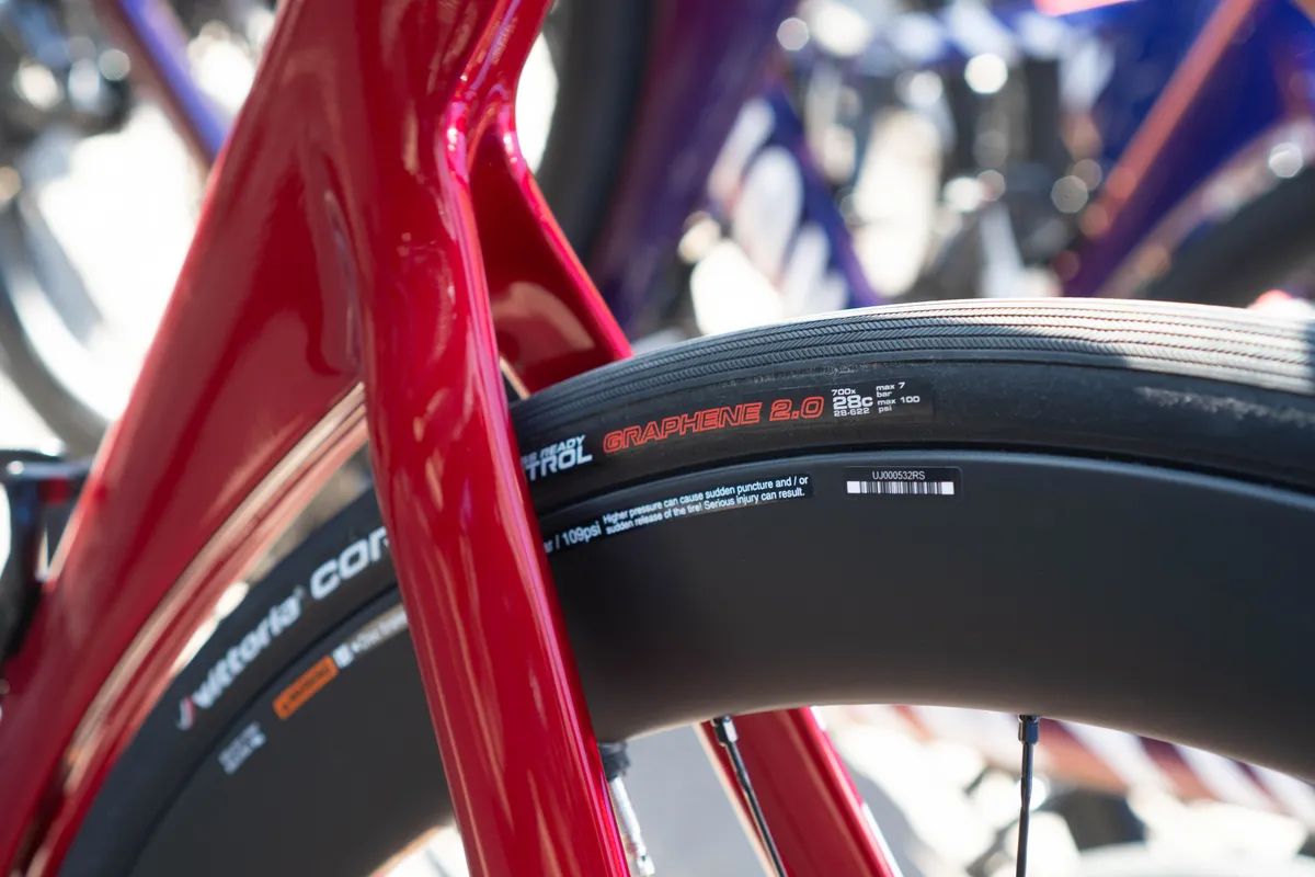 Vittoria Corsa Control tyre on Mathieu van der Poel's Canyon Aeroad CFR at Strade Bianche 2023