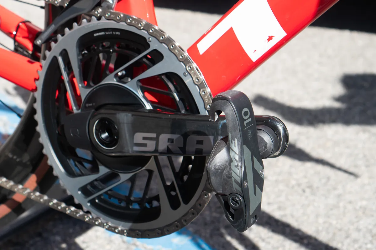 Time pedal and SRAM crankset on Trek Emonda at Strade Bianche 2023