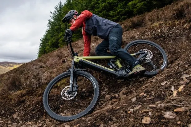 2023 Marin Rift Zone E2 electric mountain bike ridden by male mountain bike Alex Evans on the Wardell Way at the Golfie, Scotland, UK.