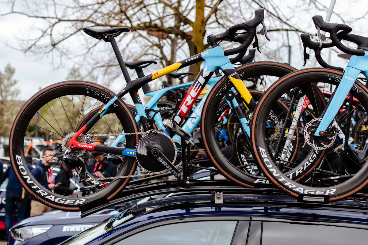 Trek-Segafredo team bike with 1x SRAM Red AXS drivetrain for Paris-Roubaix Femmes 2023